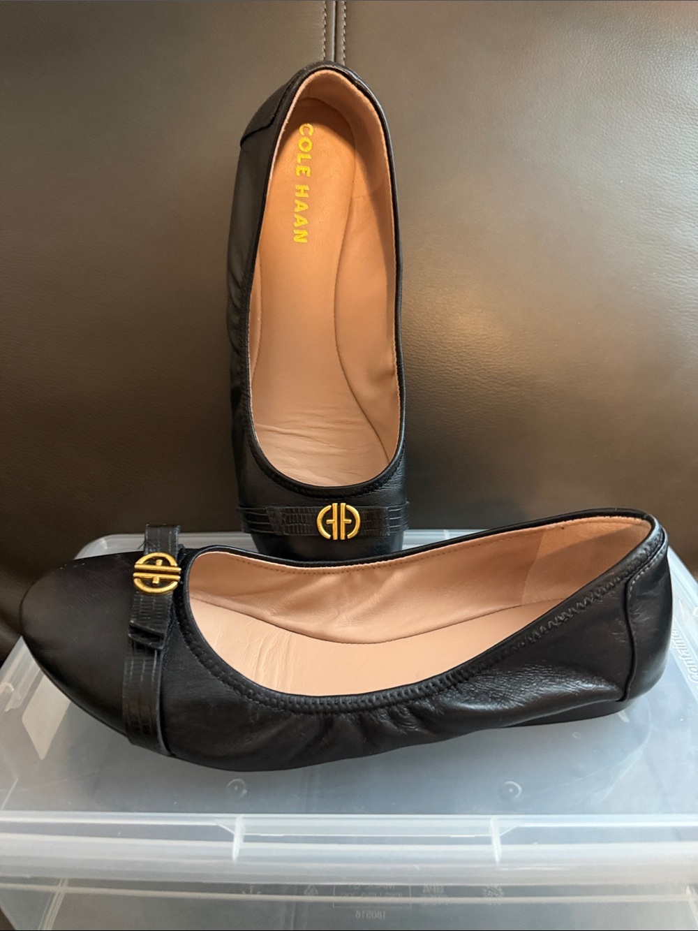 Cole Haan Black Leather Ballet Flats with Gold Double-H Logo - Picture 2 of 10